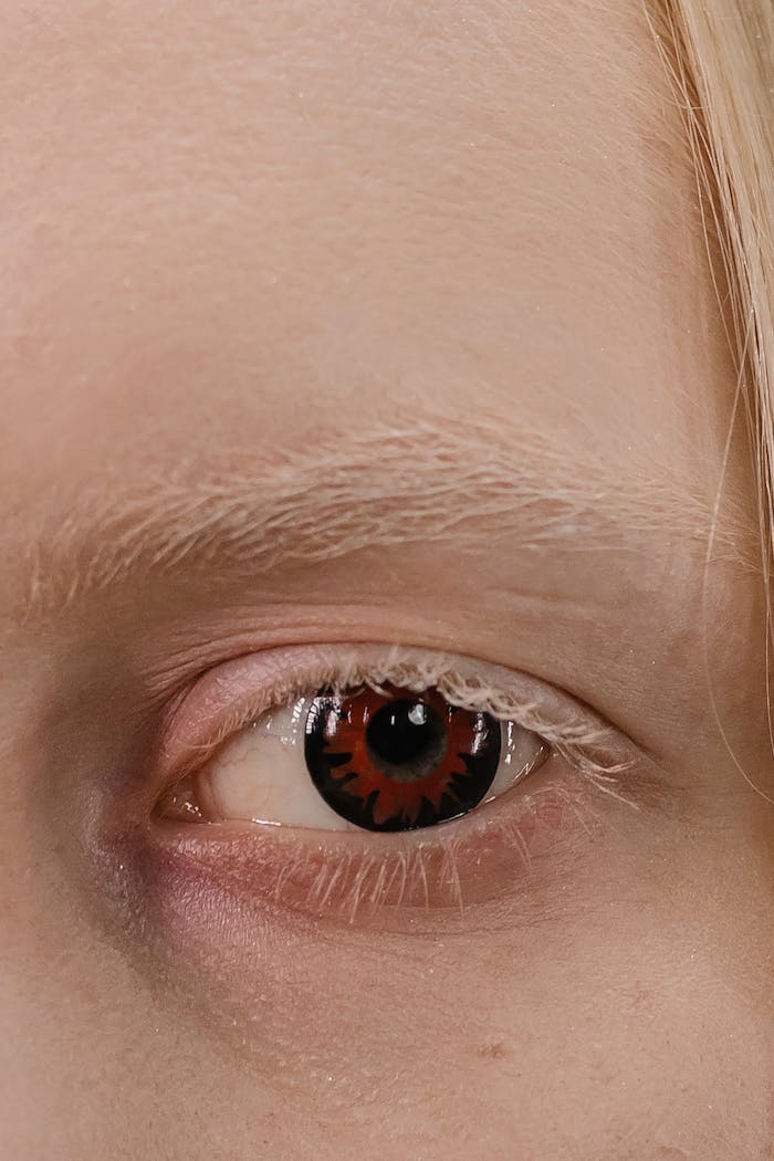 Detailed close-up of an eye wearing a red contact lens, showcasing white eyelashes.